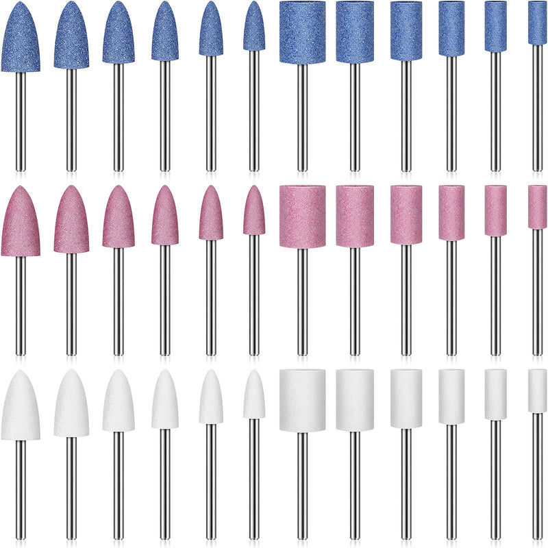  [AUSTRALIA] - 36 Pieces Shank Abrasive Grinding Points Mounted Stone Disc Head Mounting Points Grinding Points Set Sanding Discs Pieces with Plastic Box, 1/8 Inch Shank 3 Colors 2 Shapes 6 Sizes