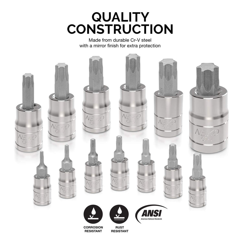  [AUSTRALIA] - Neiko 10071A Torx Bit Socket Set, Metric, T8-T60 | 13-Piece Set, S2 and Cr-V Steel, 1/4”, 3/8” and 1/2-Inch Drive Standard