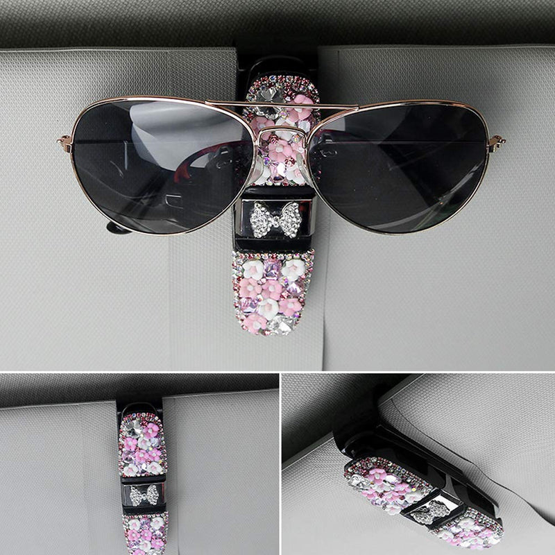  [AUSTRALIA] - YnGia Handmade Camellia Crystal Glasses Holders for Car Sun Visor Sunglasses Eyeglasses Mount with Ticket Card Clip (Pink Flower) pink flower