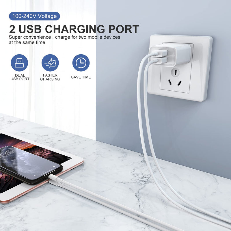  [AUSTRALIA] - iPhone Charger,Cube Apple Charger iPhone[Apple MFi Certified] 6FT (2Pack) Lightning Cable Fast Charging Data Sync Cords Dual Port USB Plug Compatible with iPhone 12/11/11Pro/11Max/ X/XS/XR,ipad White 2pc a to l
