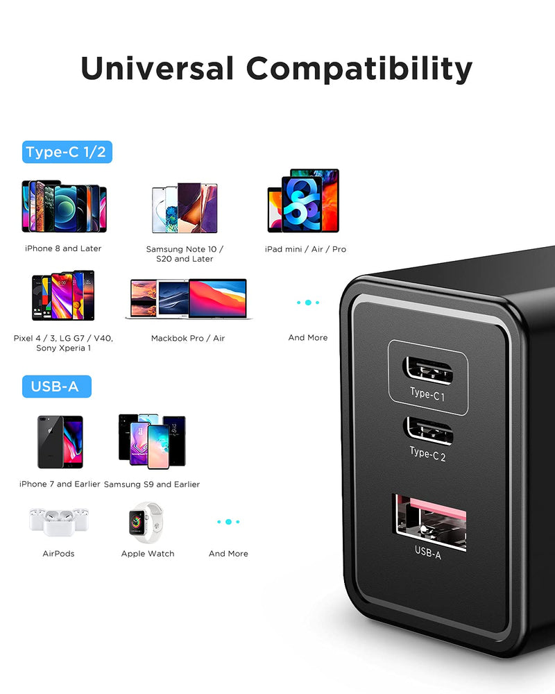  [AUSTRALIA] - HTC USB-C Charger 65W, GaN Fast Charger with 3 Ports, Max Output Power 65W for Each Port, Compact Foldable USB-C Wall Charger for MacBook, USB-C Laptops, iPad, iPhone, Galaxy, and More - Black