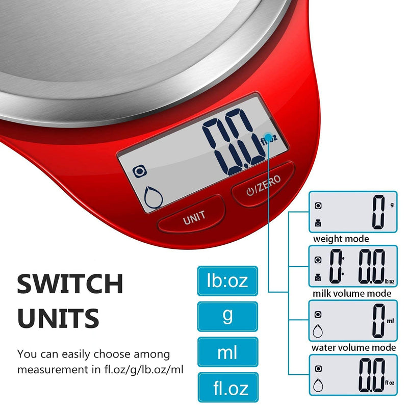 NUTRI FIT Digital Kitchen Scale with Wide Stainless Steel Plateform High Accuracy Multifunction Food Scale with LCD Display for Baking Kitchen Cooking,Tare & Auto Off Function (Red) Red - LeoForward Australia