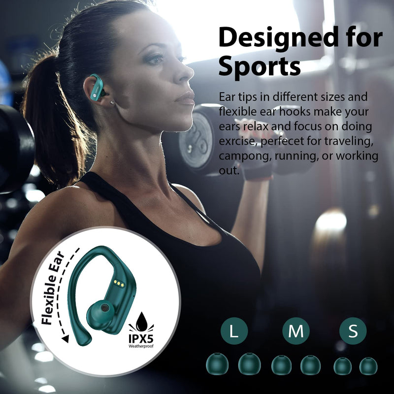  [AUSTRALIA] - Wireless Earbuds Bluetooth Headphones 48hrs Play Back Sport Earphones with LED Display Over-Ear Buds with Earhooks Built-in Mic Headset for Workout Green BMANI-VEAT00L