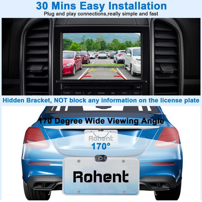  [AUSTRALIA] - Rohent Backup Camera Car Reverse - Upgrade Hidden Bracket IP69K Waterproof Night Vision HD Rear View License Plate Cam Universal for Car Truck SUV 170° Wide View Angle - N11