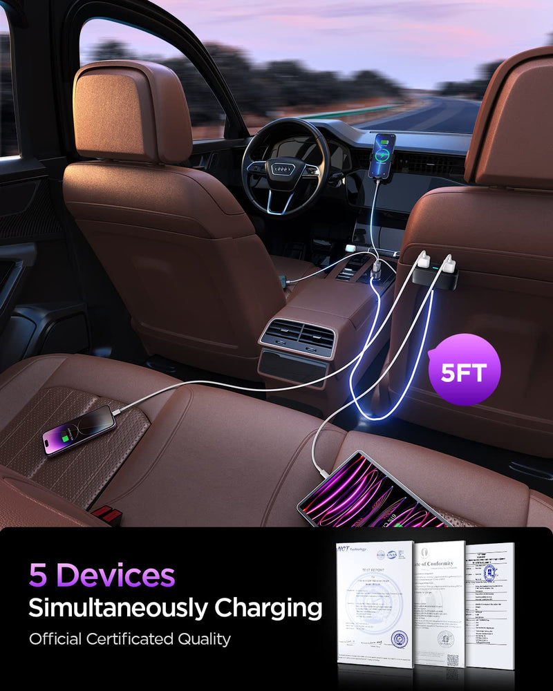  [AUSTRALIA] - 5 Multi USB Car Charger, Car Charger Adapter, USB Car Charger for Multiple Devices, 12V USB Charger Multi Port, Car Charger Cigarette Lighter Adapter USB Charger with 5FT Cable for Back Seat Charging 31W