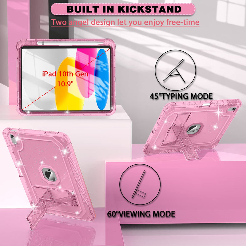  [AUSTRALIA] - ZoneFoker Case for iPad 10th Generation 10.9 inch 2022, Heavy Duty Shockproof Rugged Protective with Pencil Holder, 10.9" 10 Gen Translucent Cover with Kickstand for Kids, Pink Glitter