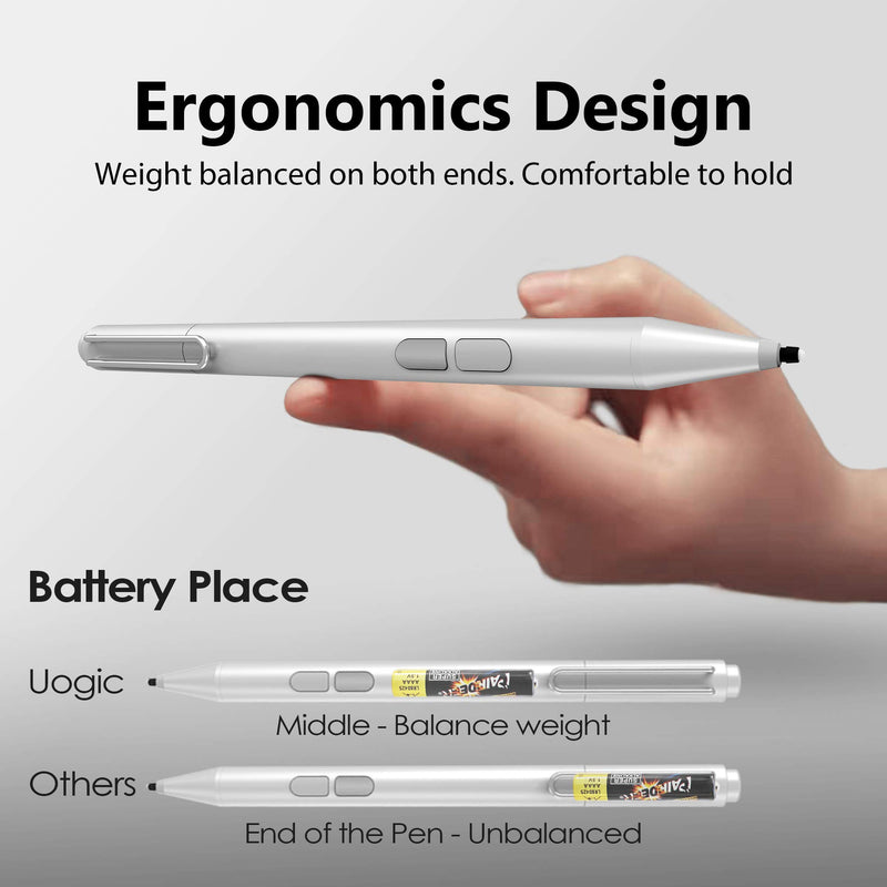 Uogic Pen for Microsoft Surface, Palm Rejection, 1024 Levels Pressure, Flex & Soft HB Nib, for Surface Pro/Go/Laptop/Book/Studio, Including 2 Spare Nibs & AAAA Battery Silver - LeoForward Australia