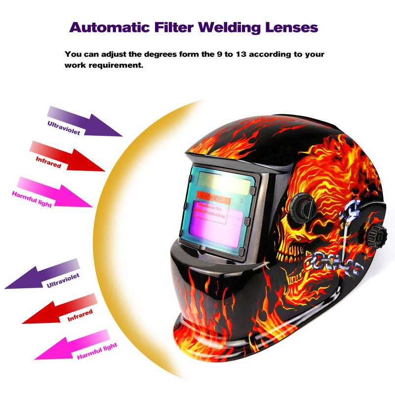  [AUSTRALIA] - DEKOPRO Welding Helmet Solar Powered Auto Darkening Hood with Adjustable Shade Range 4/9-13 for Mig Tig Arc Welder Mask Shield Flaming Skull Design