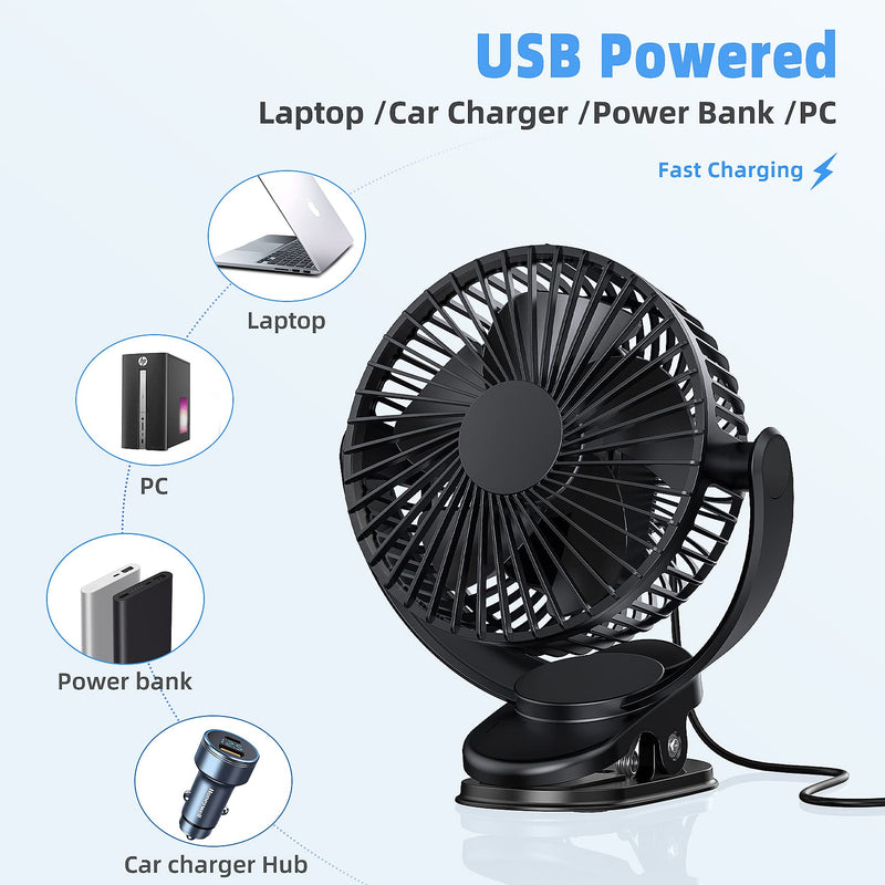  [AUSTRALIA] - ATEngeus USB Fan, Rechargeable Portable Fan, Clip on Fan, Battery Operated Fan, 3 Speeds, 5000mAh USB Desk Fan, 720°Rotation, Sturdy Clamp for home, Camping, Treadmill and car TF-28D