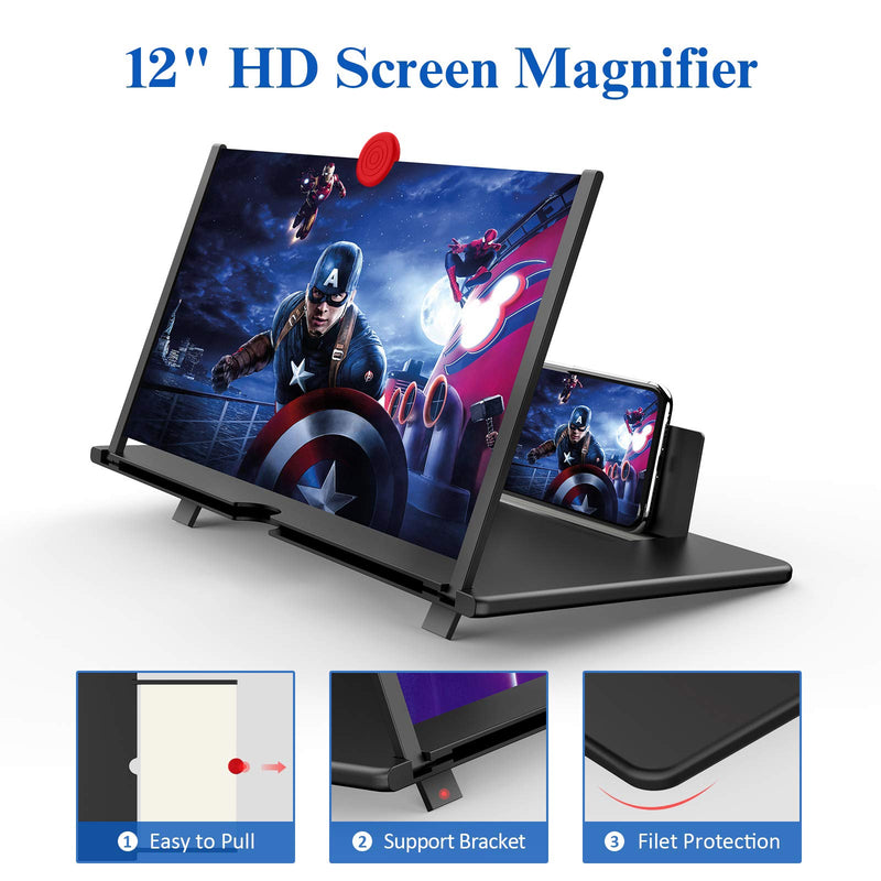  [AUSTRALIA] - 12" Screen Magnifier – 3D HD Cell Phone Magnifing Screen Enlarger Projector for Movies Videos and Gaming – Foldable Phone Stand Holder with Screen Amplifier Compatible with All Smartphones Black