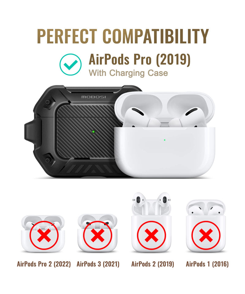  [AUSTRALIA] - MOBOSI Compatible with AirPods Pro Case, Secure Lock Clip Full Body Shockproof Hard Shell Protective, Carbon Fiber Case Cover with Keychain for AirPod Pro (2019), Black