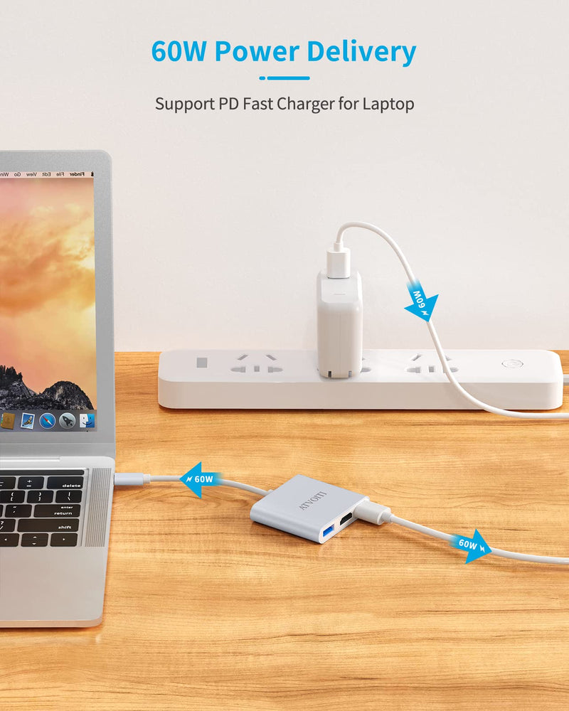  [AUSTRALIA] - USB C/Type C to HDMI Adapter, Thunderbolt 3 to HDMI Hub, USB-C Digital AV Multiport Adapter/Converter for Mac-Book/De-ll XPS13/Sam-sung S10/S10+ with USB 3.0 Port and PD Quick Charging Port (Silver) Silver