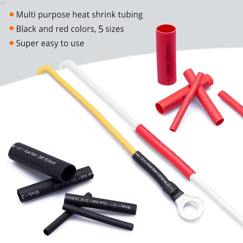  [AUSTRALIA] - Wirefy 190 PCS Heat Shrink Tubing Kit - 4:1 Dual Wall Tube - Adhesive Lined - Marine Shrink Tubing - Black, Red Length: 1.75" - Black, Red - 190 PCS