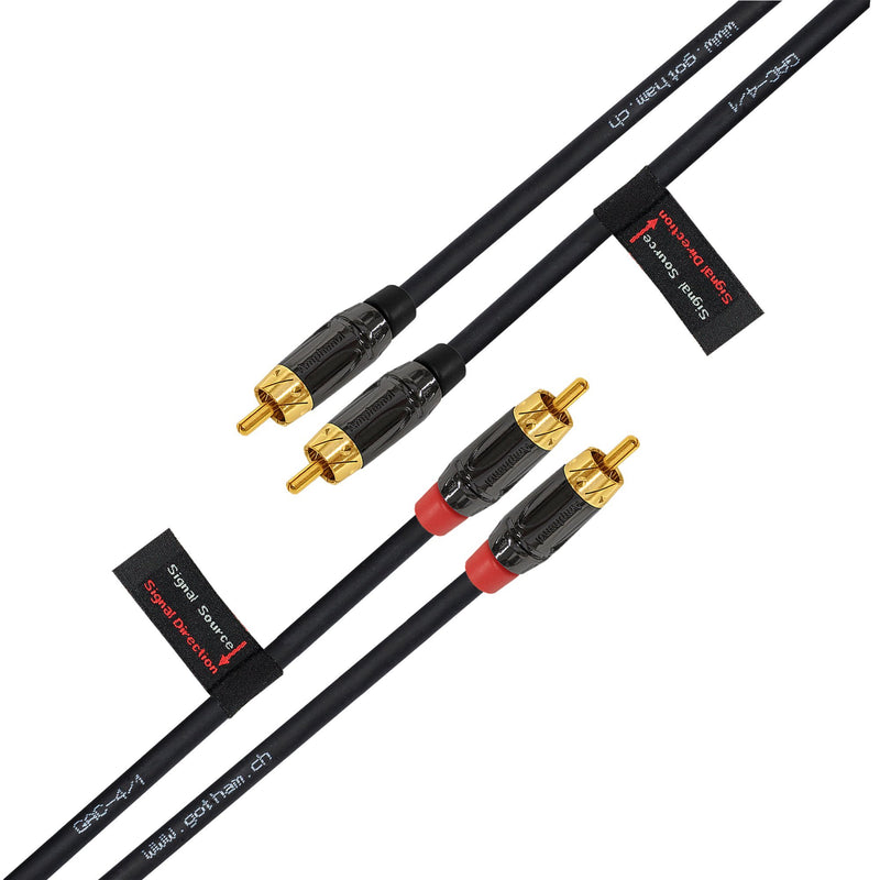 1.5 Foot RCA Cable Pair - Gotham GAC-4/1 (Black) Star-Quad Audio Interconnect Cable with Amphenol ACPL Black Chrome Body, Gold Plated RCA Connectors - Directional - LeoForward Australia