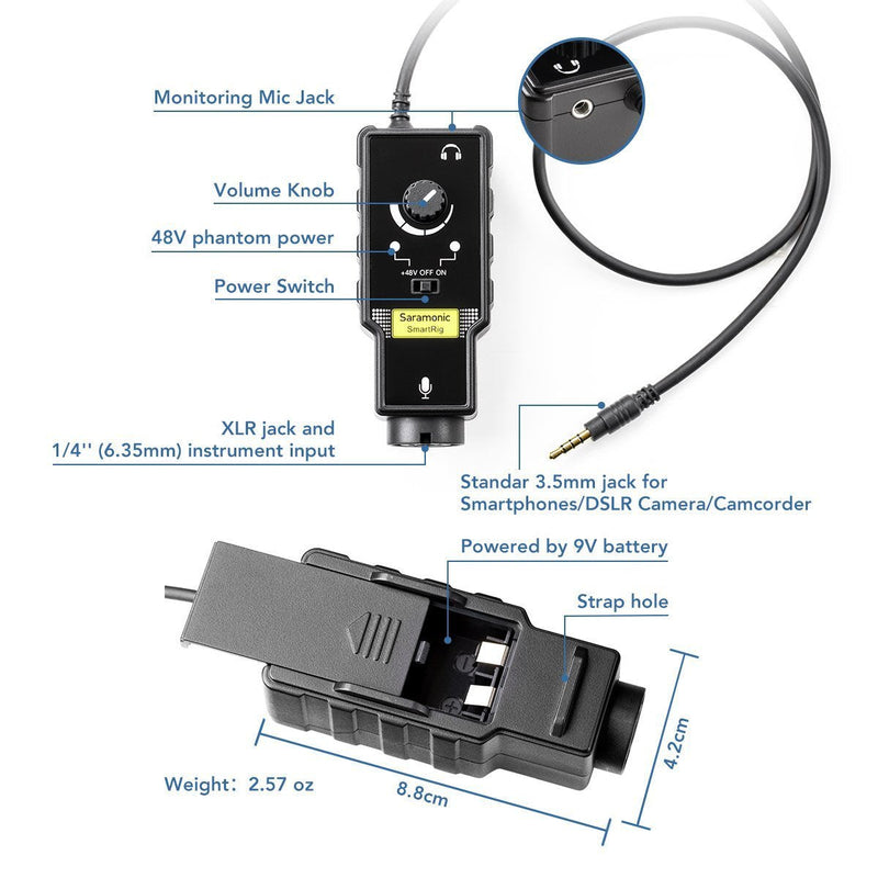  [AUSTRALIA] - Saramonic SmartrigII XLR Microphone & 6.3mm Guitar Adapter with Phantom Power Preamp Amplifier Compatible with iPhone 12 11 x 8 iPad iPod, Android Smartphone and Guitar SmartRig II