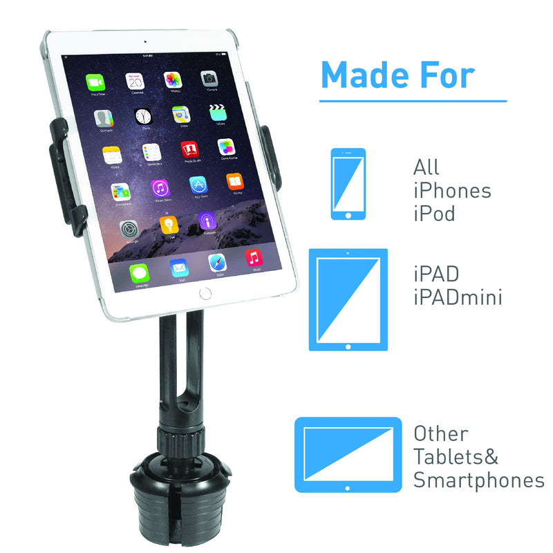  [AUSTRALIA] - Macally Heavy Duty Tablet Holder for Car - Works as Cup Holder Tablet Mount or Phone Cup Holder - Fits Devices 3.5" - 8” Wide with Case - Adjustable iPad Car Mount with 360° Rotatable Cradle