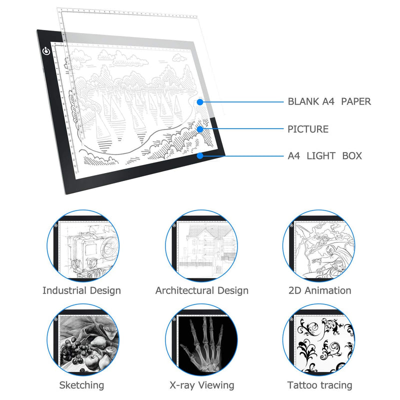 [AUSTRALIA] - LitEnergy A4 LED Copy Board Light Tracing Box, Ultra-Thin Adjustable USB Power Artcraft LED Trace Light Pad for Tattoo Drawing, Diamond Painting, Streaming, Sketching, Animation, Stenciling 01 - A4 BLACK