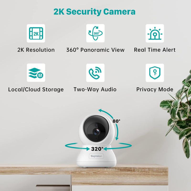  [AUSTRALIA] - Indoor Security Camera 2K, Septekon 360° Pan Tilt Baby Monitor Pet Camera, 2.4GHz Wi-Fi Camera with Night Vision, Motion Detection, 2-Way Audio Siren, Cloud/SD Card, Compatible with Alexa,White 1 Pack White