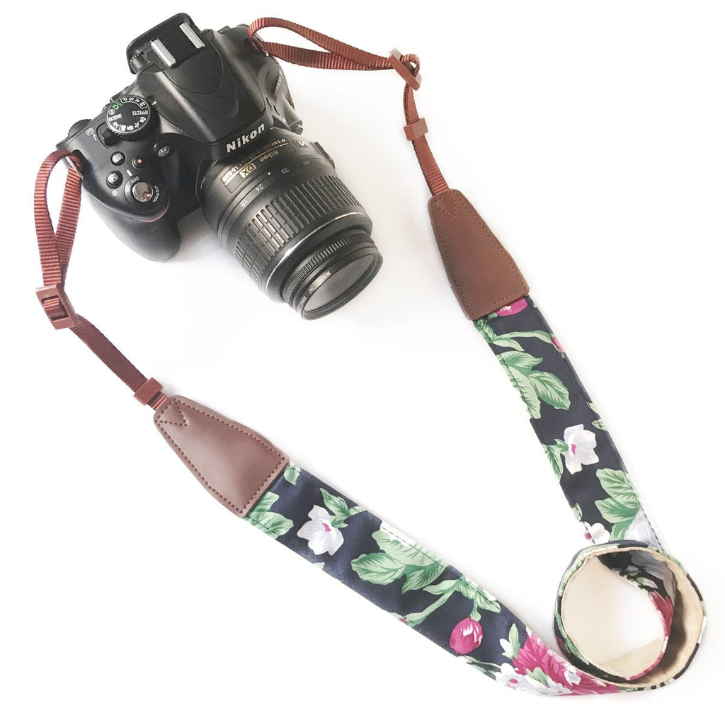  [AUSTRALIA] - Camera Strap Neck, Adjustable Vintage Floral Camera Straps Shoulder Belt for Women /Men,Camera Strap for Nikon / Canon / Sony / Olympus / Samsung / Pentax ETC DSLR / SLR Leather Blue Print White Flower