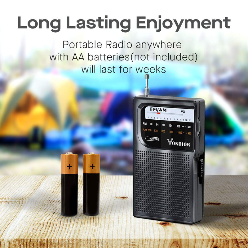  [AUSTRALIA] - AM FM Radio Portable – Best Reception Transistor Radio/Longest Lasting Battery Operated Radio (2AA) / FM AM Pocket Radio. Mono Headphone Socket, by Vondior (Black) Black