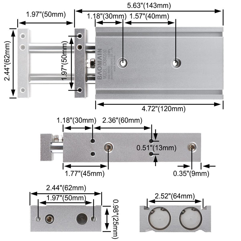  [AUSTRALIA] - Baomain CXSM 20-50 Pneumatic Slide Bearing 25/32" Bore 2" Stroke