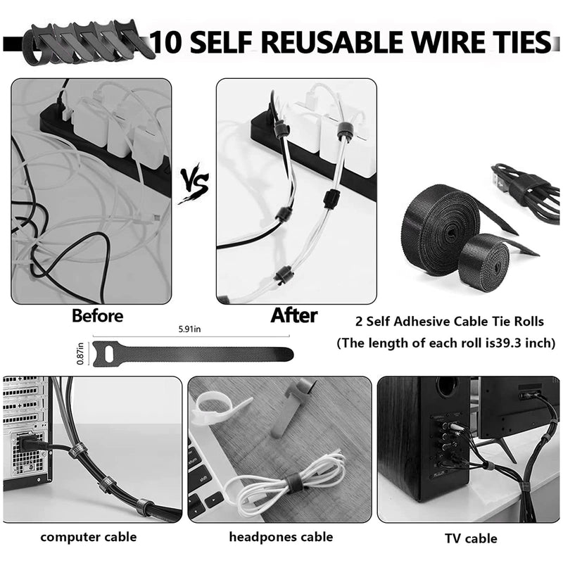  [AUSTRALIA] - 187PCS Cable Management Under Desk kit Organizers Accessories,100*Cable Ties,4* Cord Sleeves Split,56*Self Adhesive Cable Clips Holder,20+2 Roll Reusable Cable Ties,5* Circle Cable Clips Steel Nail 187PCS