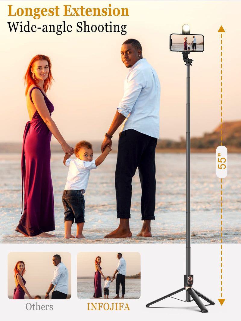  [AUSTRALIA] - 55'' Selfie Stick Tripod with Wireless Remote, Extendable Cell Phone Tripod, Travel Tripod with LED Fill Light, for iPhone 14 13 12 pro Xs Max Xr X 8Plus 7, Android, Samsung Galaxy S22 S21 and More Black