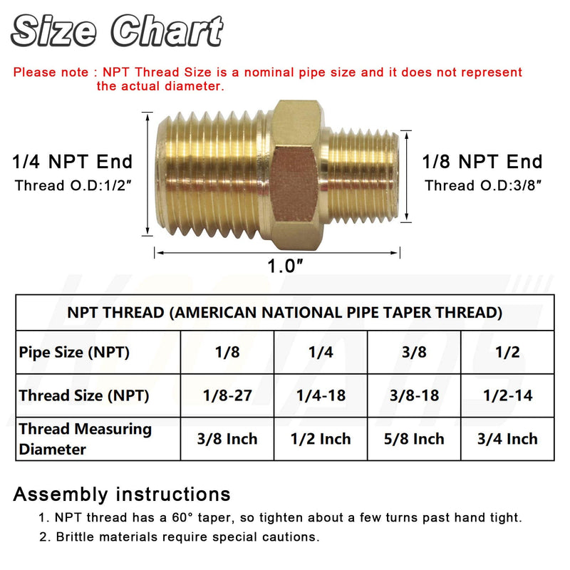  [AUSTRALIA] - KOOTANS 1/4 NPT x 1/8 NPT Male Solid Brass Nipples, Heavy Brass Pipe Adapter Fittings Hex Reducing Nipples Connectors 4Pieces 1/4 NPT x 1/8 NPT (O.D x O.D: 1/2'' x 3/8'')