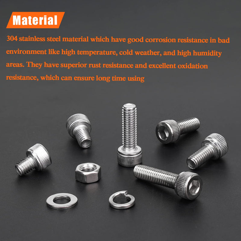  [AUSTRALIA] - HELIFOUNER 240 Pieces M5 x 6mm /8mm /10mm /12mm /16mm /20mm /25mm, Hex Socket Head Cap Screws Bolts Washers Nuts Kit, 304 Stainless Steel