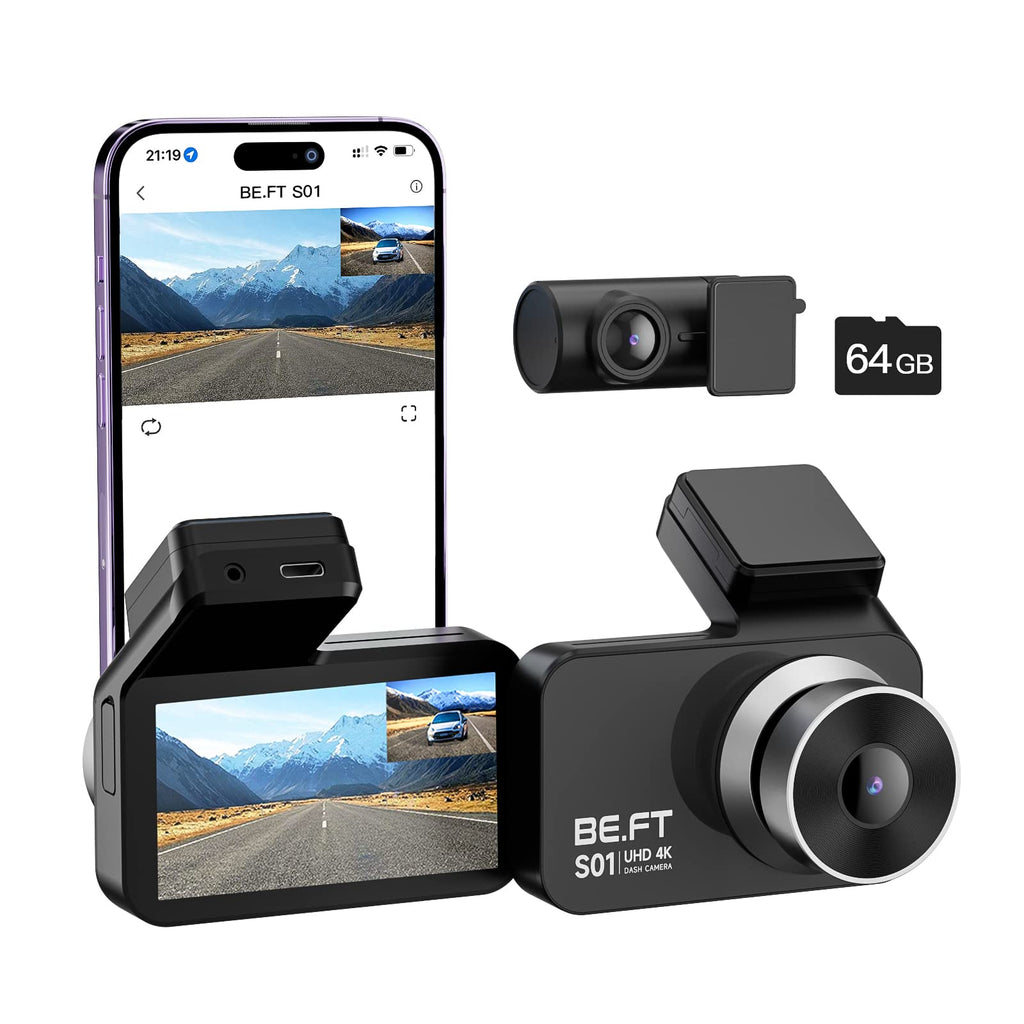  [AUSTRALIA] - BE.FT 4K/2K+1080P Dash Cam,Front and Rear Dual Dash Camera for Cars,Car Dashboard Cam Recorder with WiFi GPS,Night Version,Loop Recording,G-Sensor,24H Parking Monitor,3’’ LCD,64GB SD Card Included
