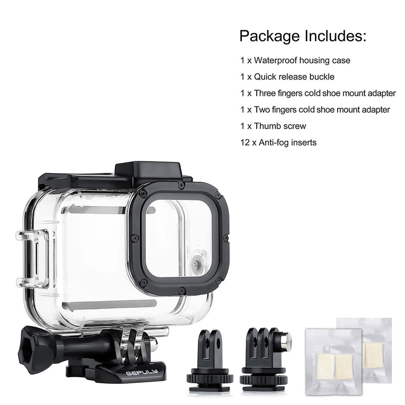  [AUSTRALIA] - GEPULY 60M(196ft) Waterproof Housing Case for GoPro Hero 8 Black,Protective Underwater Diving Housing Shell with 2 Cold Shoe Adapters Bracket Accessories for GoPro Hero 8 Black Action Camera Housing Case for Hero 8 Black