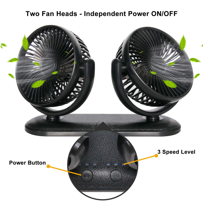 TriPole Car Fan Portable Vehicle Fan Dual Head Electric Fan Vehicle Mounted USB Fan 300 Degree Rotation Auto Cooling Fan 3 Speed Strong Wind Desk Fan for Dashboard SUV RV Truck Sedan Home Office - LeoForward Australia