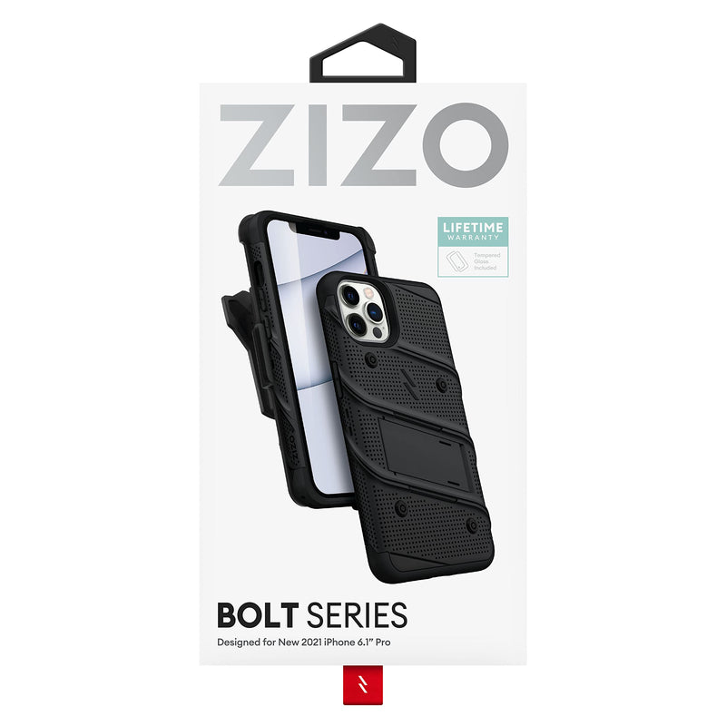  [AUSTRALIA] - ZIZO Bolt Bundle for iPhone 13 Pro Case with Screen Protector Kickstand Holster Lanyard - Black Black/Black