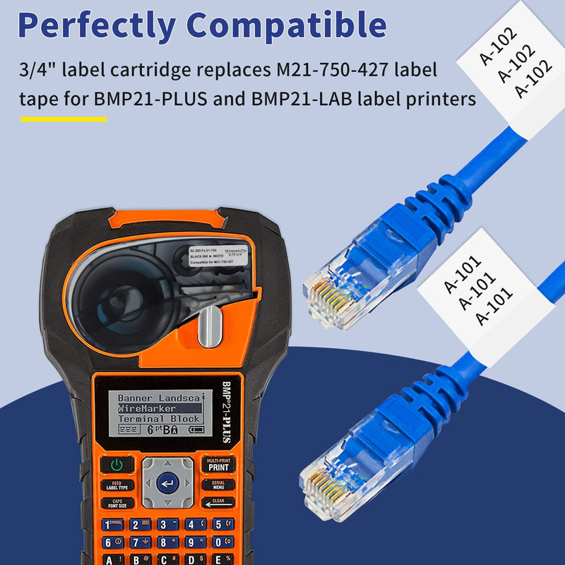  [AUSTRALIA] - 3/4" Vinyl Label Replacement M21-750-427 Label, Compatible with BMP21-PLUS and BMP21-LAB Label Printers,for Lab Labels, Wire Cable, Electrical Panels, Black on White ,0.75" Width,14' Length