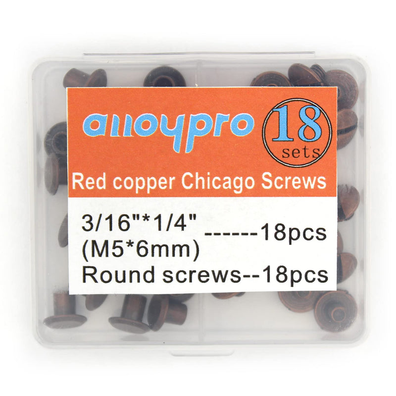  [AUSTRALIA] - Alloypro 36 Pcs Red Copper Round Metal Chicago Binding Screws Assorted Kit Nail Rivet Chicago Button DIY Leather Decoration Bookbinding Round Flat Head Stud Screw M5x6mm 18 sets Red Copper 3/16"x1/4"