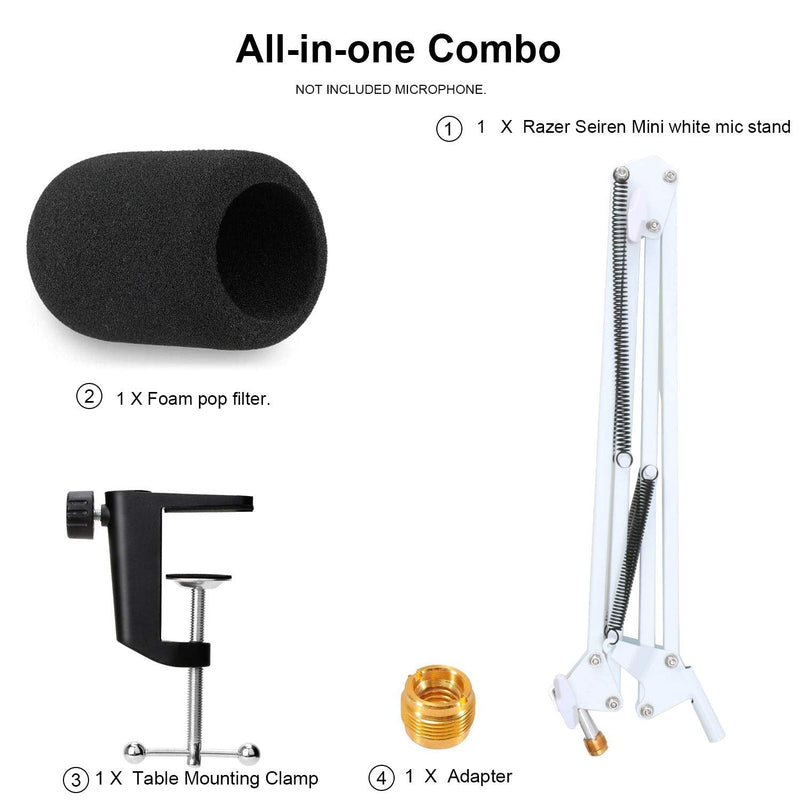  [AUSTRALIA] - YOUSHARES Razer Seiren X White Boom Arm with Pop Filter - Mic Stand with Foam Cover Windscreen Compatible with Razer Seiren X Streaming Microphone(White)