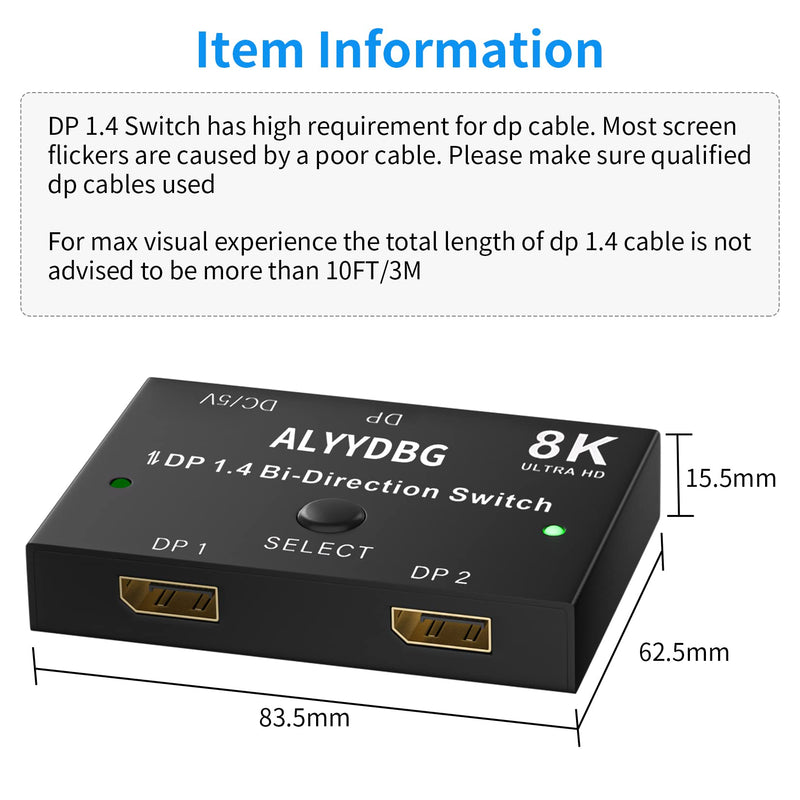  [AUSTRALIA] - Bundle 8K Displayport 1.4 Switch and 2PCS DP Cables, ALYYDBG Bi-Directional DP 1.4 Switcher Supports 8K@60hz 4K@120hz 2K@144hz for Dual DP Sources or Displays DP 1.4 Switch