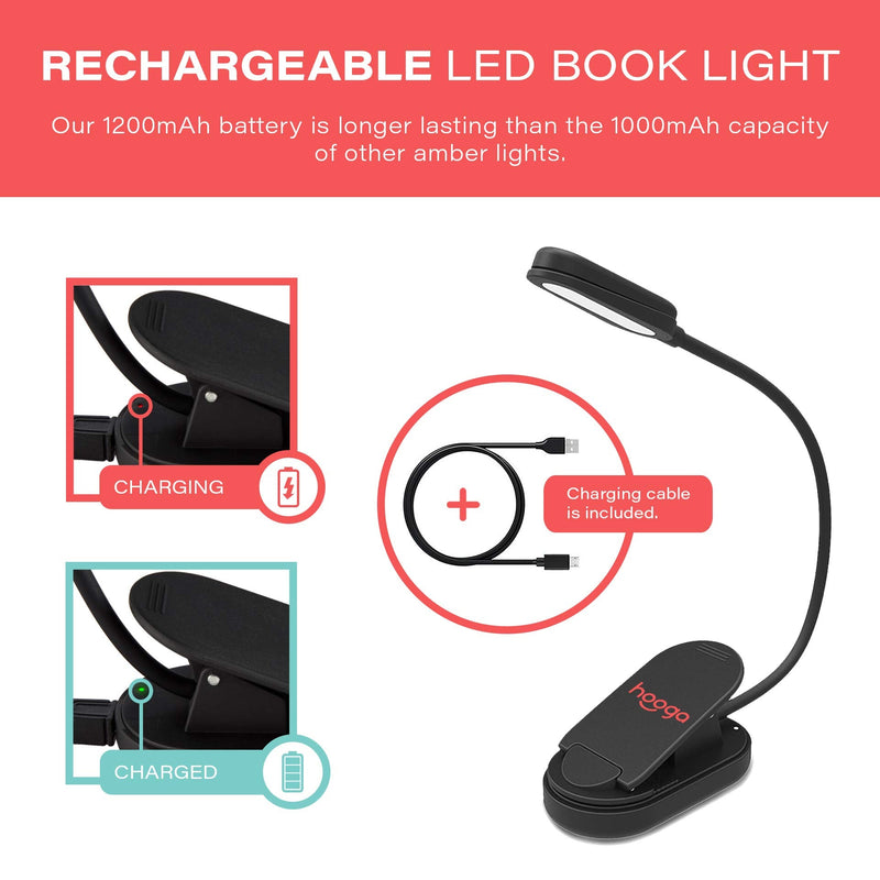  [AUSTRALIA] - Book Light, Amber, Rechargeable, Blue Light Blocking Clip-On LED Reading Light by Hooga. 3 Brightness. 1600K Temp. Eye Care Light for Strain-Free, Healthy Eyes. Gift for Students, Kids, Book Worms. Amber Light