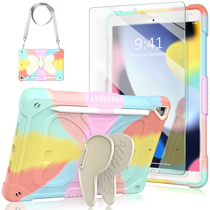  [AUSTRALIA] - New iPad 10.2 Case for Kids Girls, iPad 9th/8th/7th Generation Case with Tempered Glass Screen Protector&Shoulder Strap| Ambison Rugged Protective Case for iPad 10.2 inch 2021/2020/2019(Multicolor) Multicolor Case+Glass Screen Protector