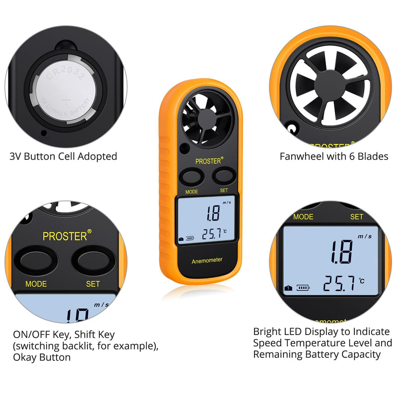  [AUSTRALIA] - Proster Wind Meter Digital LCD Wind Speed Meter Gauge Air Flow Speed Measurement Thermometer with Backlight for Windsurfing Kite Flying Sailing Surfing Fishing etc. Yellow