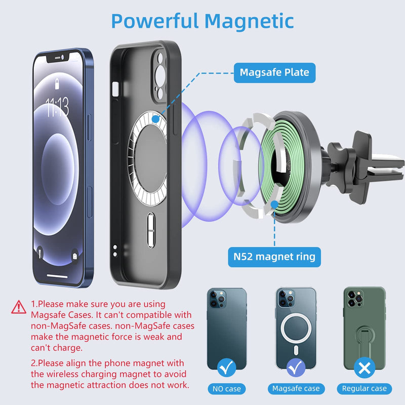  [AUSTRALIA] - Magnetic Wireless Car Charger Compatible with MagSafe Mount Secure Stick On Dashboard and Air Vent Clamp Phone Holder 15W Fast Charging, Specially Designed for iPhone 13/12 Series Phones（Grey）