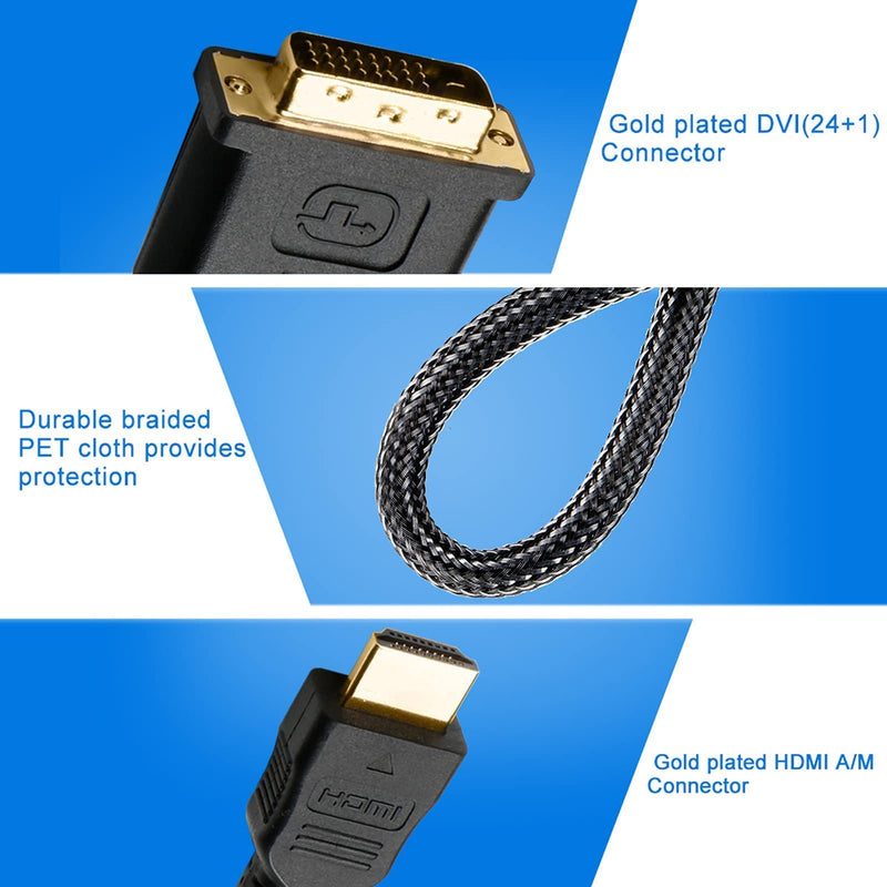  [AUSTRALIA] - DVI to HDMI Cable 10 Feet, UVOOI HDMI to DVI (DVI-D 24+1) Adapter Cable 1080P Bi-Directional Braided Cord Compatible with Raspberry Pi, Roku, Xbox One, PS5/PS4/PS3, Graphics Card 10ft Black