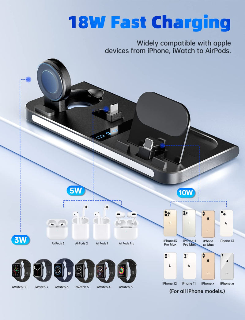  [AUSTRALIA] - 3 in 1 Charging Station, Foldable Charging Stand for Multiple Apple Devices Compatible with iPhone, iWatch, Air Pods, 18W Fast Charge Portable Travel Charger with QC3.0 Adapter… Black