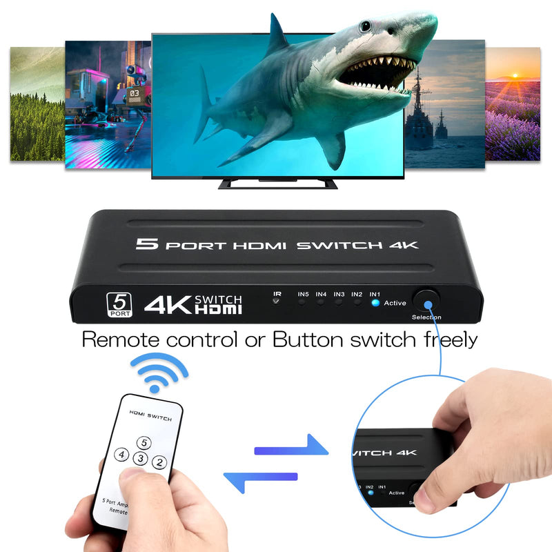  [AUSTRALIA] - HDMI Switch 5 in 1 Out, 5 Port HDMI Switcher Selector Box with IR Remote Control & Auto Switch, Support 4K@30Hz, HDR, HDCP, 3D, 1080P for HDTV PS3 PS4 Xbox Projector Blu-ray Player