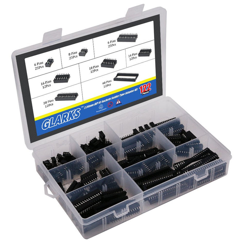  [AUSTRALIA] - Glarks 122pcs 2.54mm Pitch DIP IC Sockets Solder Version Adapter Assortment Kit (6/8/14/16/18/24/28/40 Pins)