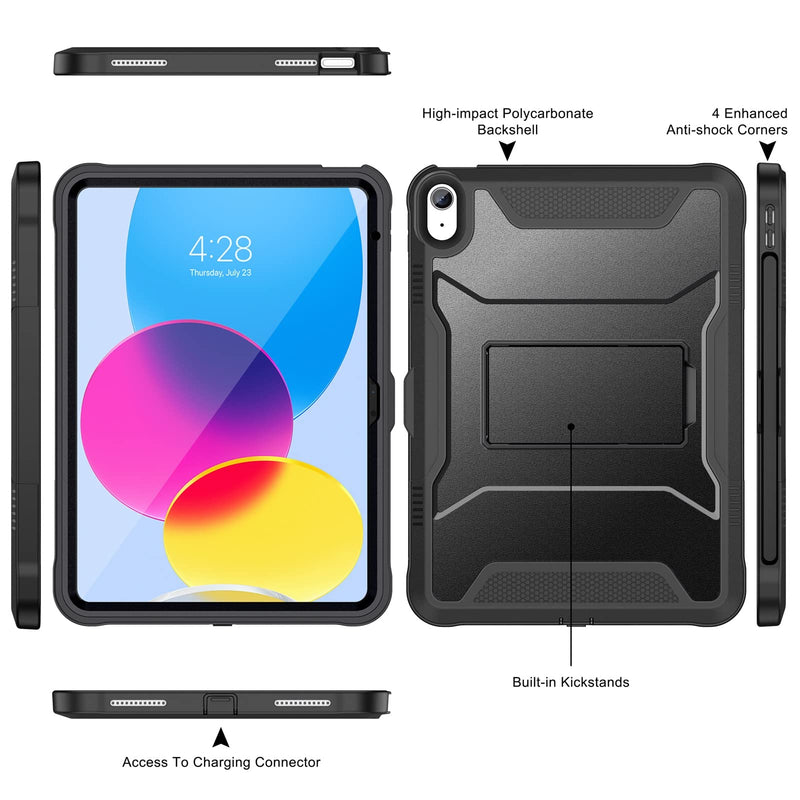  [AUSTRALIA] - Soke Case for iPad 10th Generation 10.9-inch 2022, with Built-in Screen Protector and Kickstand, Rugged Full Body Protective Cover for New Apple iPad 10.9 Inch - Black