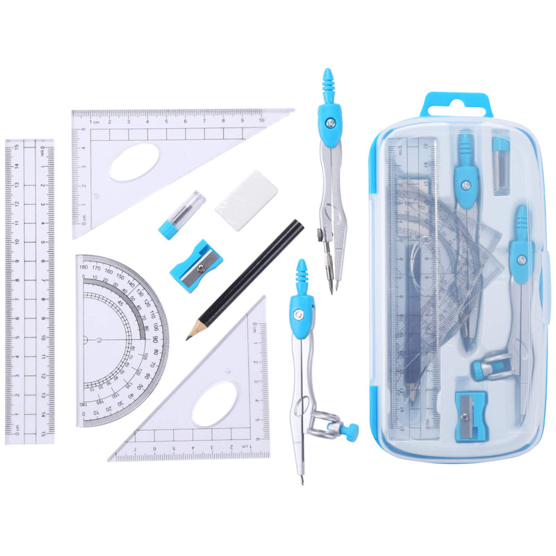 Vobou Math Geometry Kit Sets 10 Piece Student Supplies with Shatterproof Storage Box,Includes Rulers,Protractor,Compass,Eraser,Pencil Sharpener,Lead Refills,Pencil,for Drafting and Drawings（Blue） Blue - LeoForward Australia