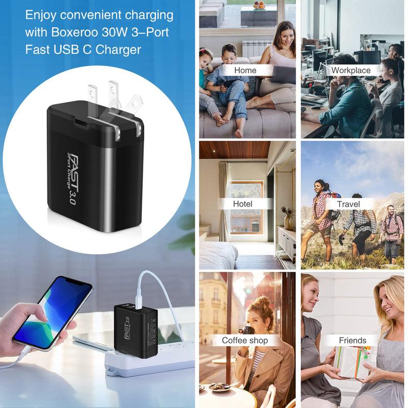  [AUSTRALIA] - 3Pack USB C Charger,30W Boxeroo 3-Ports with PD Power Adapter+2.4A Quick Charging 3.0 Wall Charger Foldable Block Plug for iPhone 12/11 /Pro Max, XS/XR/X, Pad Pro, Samsung Galaxy, More (Black) Black