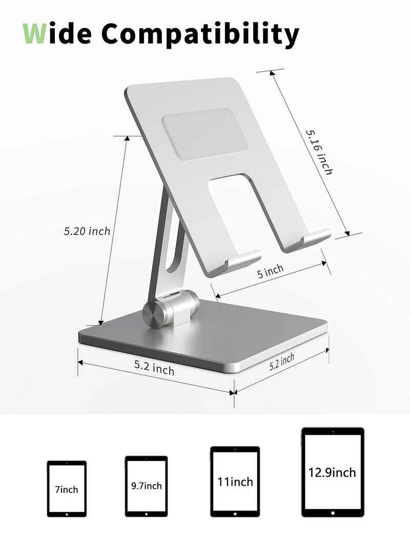 ALASHI Tablet Stand for Desk, Stable Tablet Holder with Heavy and Thickened Aluminum Base for Large Tablet Device, Multi-Angles Adjustable and Foldable, Universal Supports 7-13.3 Inches Tablet, Silver - LeoForward Australia