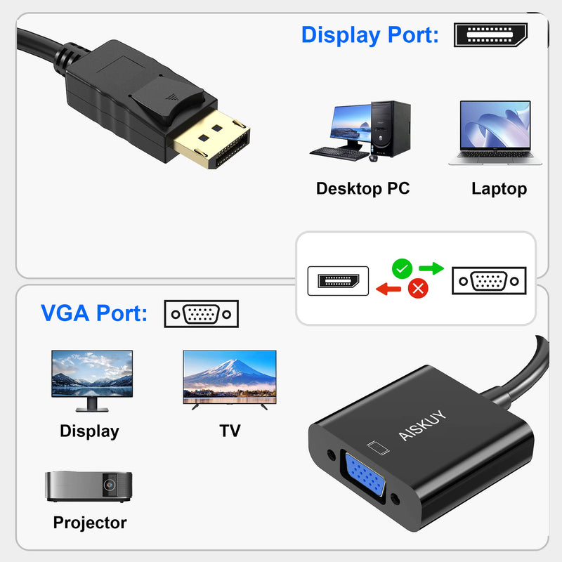  [AUSTRALIA] - AISKUY Displayport to VGA Adapter, Display Port (DP) Male to VGA Female Converter for PC Computer Desktop Laptop Projector Monitor HDTV DP VGA
